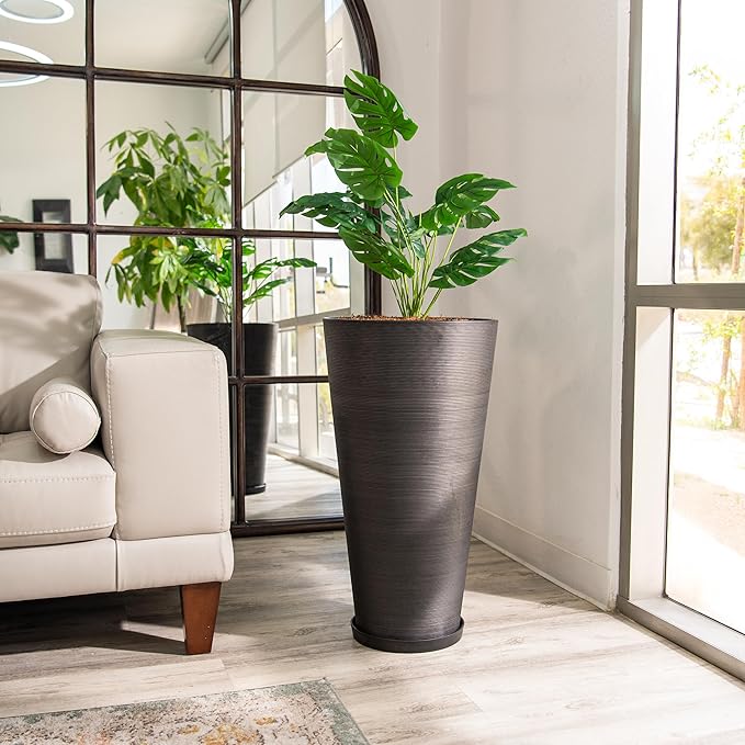 XBrand Modern 28-Inch Tall Round Planter, Modern Tapered Planter Perfect for Indoor & Outdoor Planter, Patio Décor, Black