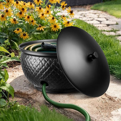 Monarch Abode Garden Hose Holder with Lid – Decorative Water Hose Holders for Outside, Diamond Embossed Metal Matte Black Pot with Drainage, 100ft Waterhose Holder for Outside, Garden Storage Caddy