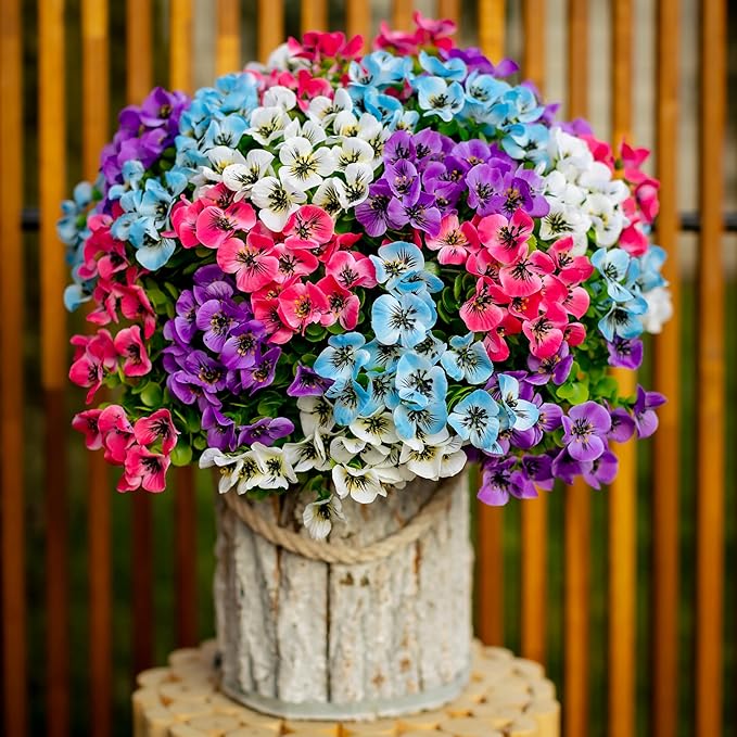 Artificial Pansies Outdoor Fake Plants - 16 Bundles UV Resistant No Fade Faux Shrubs Plastic Greenery Home Garden Porch Patio Decoration (16, Mixed03)