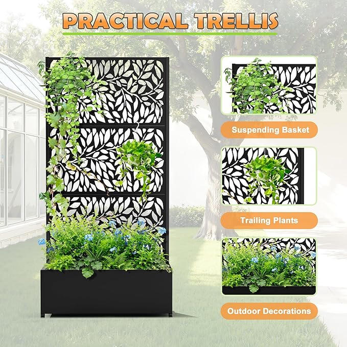 Metal Raised Garden Bed with Trellis, 2 in 1 Trellis with Planter Box & Privacy Screen for Climbing Plants, Vine, Outdoor Standing Flower Beds with Drainage Holes, 35.4"L x 15.7"W x 70.10"H,(Black)