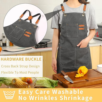 Tosewever 2 Pack Canvas Cross Back Chef Apron for Men Women with Pockets, Cotton Tool Aprons for Cooking Kitchen BBQ Artist