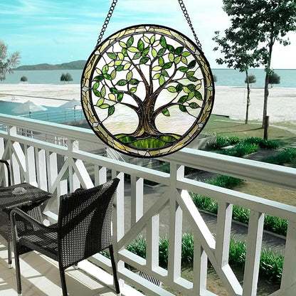 Stained Glass Window Hanging - Brown Tree Trunk Green Leaves Sun Catcher for Door Garden Home Decor Plant Suncatcher Christmas Mother's Day Birthday Gifts for Women Men Mom Nana 9.8 in