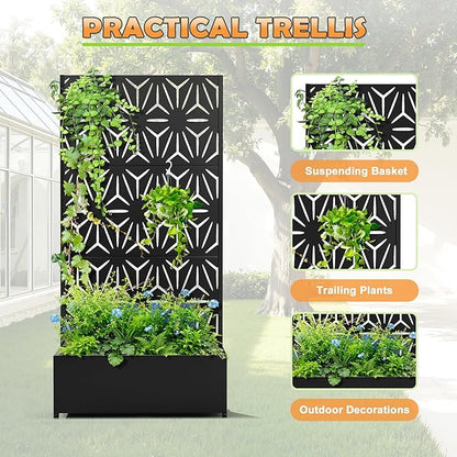 Metal Raised Garden Bed with Trellis, 2-in-1 Planter Box & Privacy Screen for Climbing Plants, Outdoor Standing Flower Bed with Drainage Holes, 35.4" L x 15.7" W x 70.1" H, Black-Star