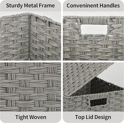 GRANNY SAYS Wicker Storage Baskets, Decorative Boxes with Lids, Set of 3 Nesting Wicker Baskets for Organizing, Gray, 3-Pack