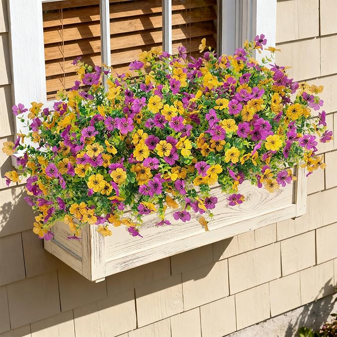 Artificial Fake Mums Flowers for Outdoor Fall Decor, 12 Bundles Faux Silk Plants Daisy for Planter Pot Colorful UV Resistant Look Real for Front Door Porch Patio Outside Yard(Purple Yellow)