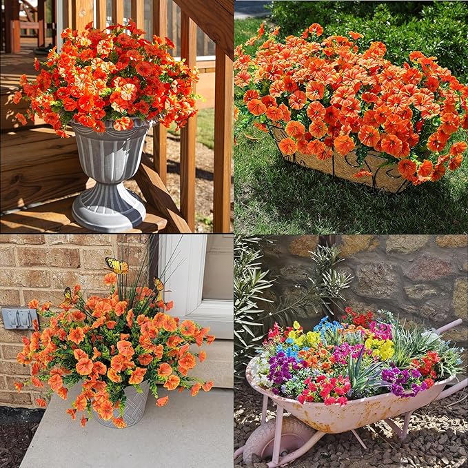 Artificial Fake Flowers Plant for Outdoors, 12 Bundles Faux Morning Glory UV Resistant Look Real Silk Flowers for Outside Planter Front Door Porch Patio Yard Decoration, (Fall Orange)