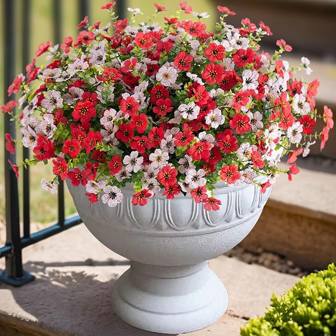 Artificial Fake Plants Flowers for Outdoor Spring Summer Decor, 12 Bundles Faux Silk Daisy for Planter Pot Colorful UV Resistant Look Real for Front Door Porch Patio Outside Yard(Red White)