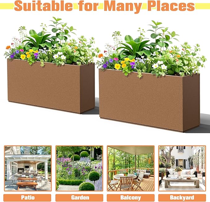 Rectangle Planter for Indoor & Outdoor, Tall and Long Planter Boxes with Drainage Holes, Mental Planter Box All-Weather Use for Plants, Flowers, 32" L x 10" W x 16.3" H, Brown