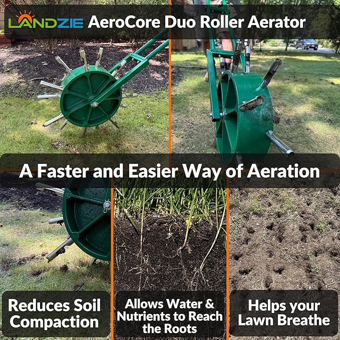 Landzie AeroCore Duo Rolling Lawn Aerator – Manual Core Plug Aerator with Chamfered Hollow Tines – Heavy-Duty 38.8 Pound Wheel Aerator Lawn Tool – Push Yard Aerator Aeration Tool