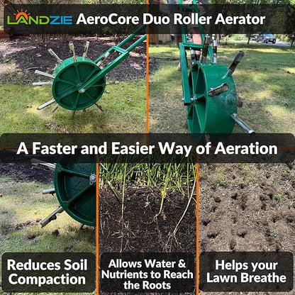 Landzie AeroCore Duo Rolling Lawn Aerator – Manual Core Plug Aerator with Chamfered Hollow Tines – Heavy-Duty 38.8 Pound Wheel Aerator Lawn Tool – Push Yard Aerator Aeration Tool