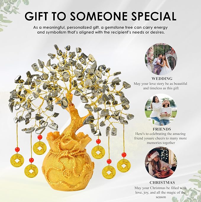 Pyrite Crystal Tree with Artificial Coin Pot Base Bonsai for Home & Office Decor Good Luck 6 Feng Shui Coins Money Wealth Tree Golden Crystal Spiritual Gifts for Women Mom Sister Desk Bookshelf Decor