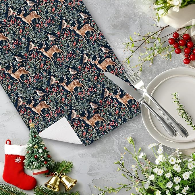 Vintage Christmas Reindeer Bird Kitchen Towels, Farmhouse Christmas Decorative Hand Towels for Bathroom, Xmas Red Berry Botanical Dish Tea Towel for Kitchen Decor, 16x24 Inch