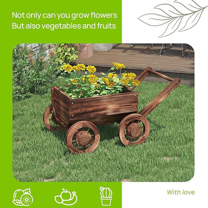 Wooden Flower Cart with Wheels Wooden Wagon Planter Outdoor Garden Planter Decor Planter for Patio Balcony Trolley Decoration Succulent Flower Pot, Indoor Backyard Balcon Decor（S）