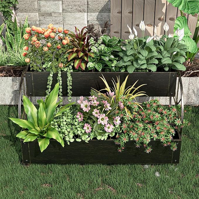 Metal Wagon Planter Box, 2-Tier Garden Planter with Wagon Wheels, Decorative Outdoor Planters for Flowers Herbs Vegetables, Flower Cart Small Raised Garden Bed for Patio, Balcony (Retro Gold)