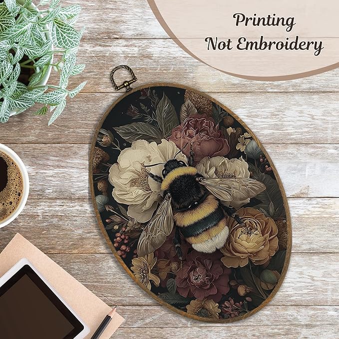 LKETW Vintage Floral Butterfly Bee Oval Wall Art Decor, Dark Cottagecore Oval Canvas Hanging Decor, Rustic Botanical Wildflower Wall Decorations for Home Living Room Bedroom, 8.6x11.4 Inch Set of 2