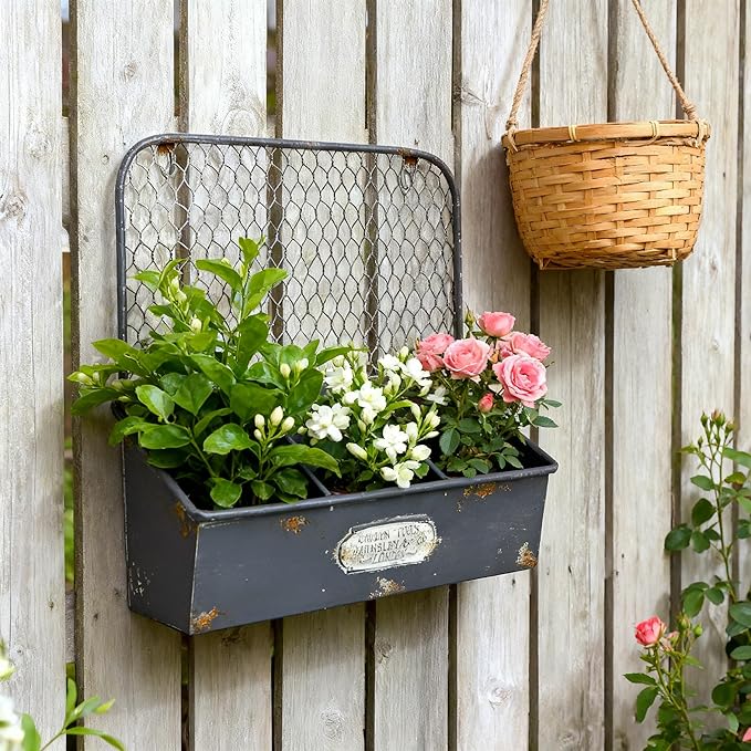 Rustic Metal Wall Mounted Planter Vintage Hanging Flower Pot with 3 Compartments Farmhouse Plants Holder Succulents Tubs for Garden Railing Fence Patio Yard Outdoor Decor