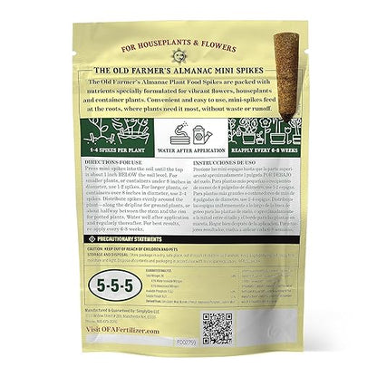 The Old Farmer's Almanac Houseplant & Flower Plant Food Mini Spikes - NPK 5-5-5 for Continuous Feeding and Vibrant Colors (24 Mini Spikes)