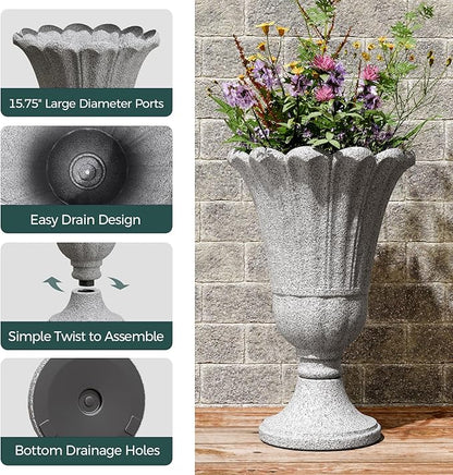 23.6" Tall Plastic Urn Planters for Outdoor Plants, Set of 2 Heavy-Duty Classic Indoor Large Flower Pots with Drainage Holes & Petal Design, Outdoor Planters for Porch, Home Garden, Grey
