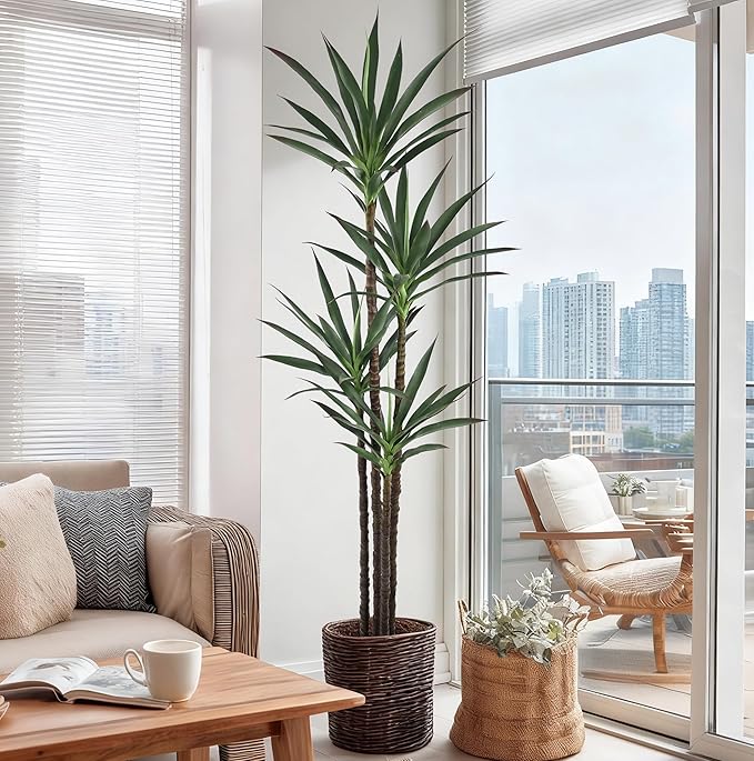 Artificial Agave Tree 6FT with 60 Leaves & 4 Trunks & Elegant Black Pot Realistic Tall Large Fake Faux Modern Tree 72 Inch for Indoor Home Office Porch Store Corner Decor Housewarming Gift