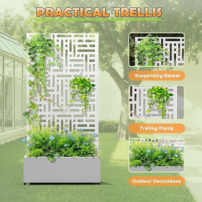 Metal Raised Garden Bed with Trellis, 2-in-1 Planter Box & Privacy Screen for Climbing Plants, Outdoor Standing Flower Bed with Drainage Holes, 35.4" L x 15.7" W x 70.1" H, White-Helen