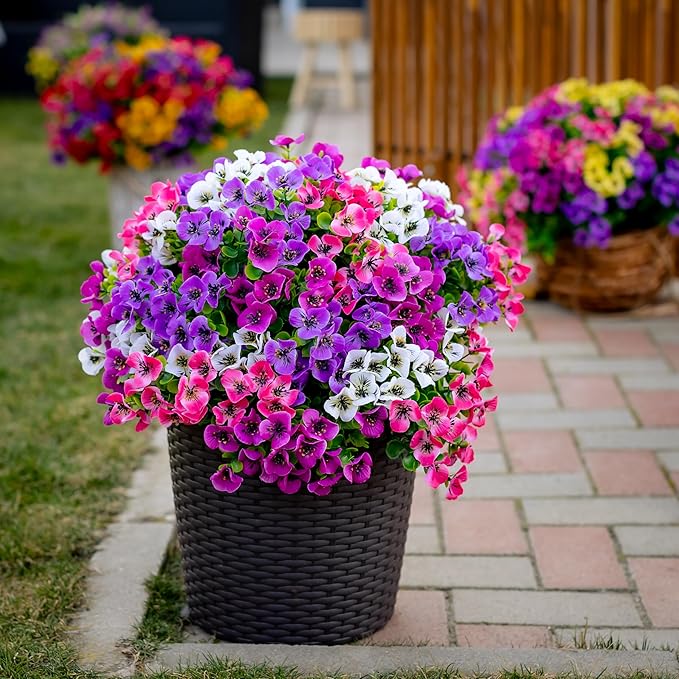 Artificial Pansies Flowers Outdoor Fake Plants - 16 Bundles UV Resistant No Fade Faux Shrubs Plastic Greenery Home Garden Porch Patio Decoration (16, Mixed01)