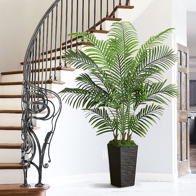 Artificial Palm Tree Indoor, 5FT Fake Floor Plants Large Tropical Silk Plant with Black Square Planter, Faux Areca Palm Plant Artificial Tree in Pot for Home Room Office Outdoor Patio Decor