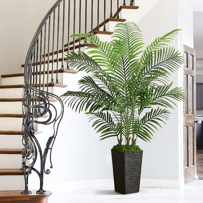 Artificial Palm Tree Indoor, 5FT Fake Floor Plants Large Tropical Silk Plant with Black Square Planter, Faux Areca Palm Plant Artificial Tree in Pot for Home Room Office Outdoor Patio Decor