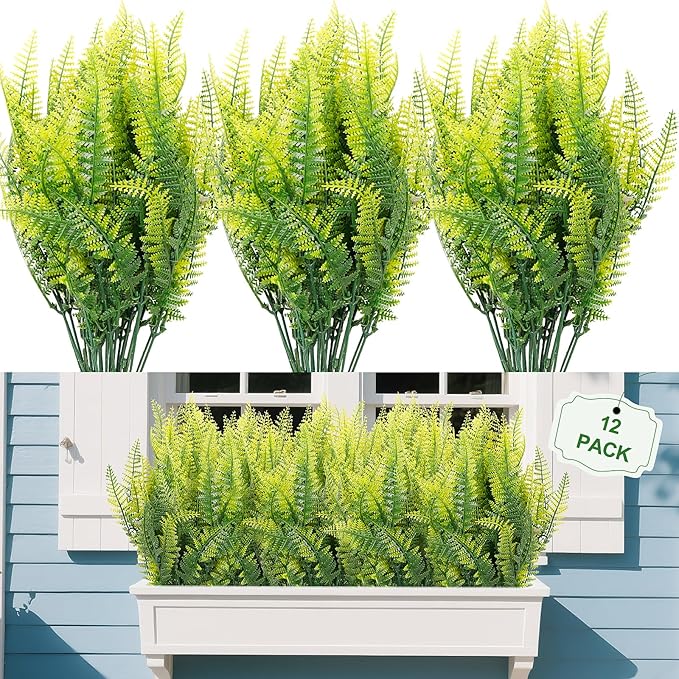 FGSAEOR 12 Bundles Artificial Boston Ferns Flowers for Outdoor Indoor, Faux Flower with Eucalyptus Leaves Fake Plants Greenery, Garden Home Decor
