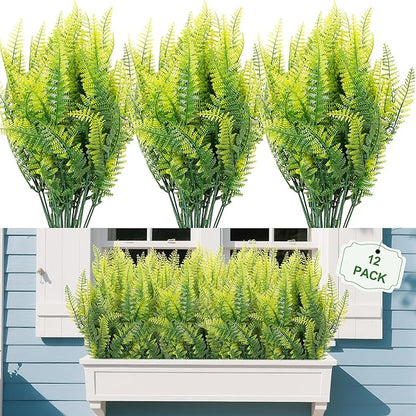FGSAEOR 12 Bundles Artificial Boston Ferns Flowers for Outdoor Indoor, Faux Flower with Eucalyptus Leaves Fake Plants Greenery, Garden Home Decor