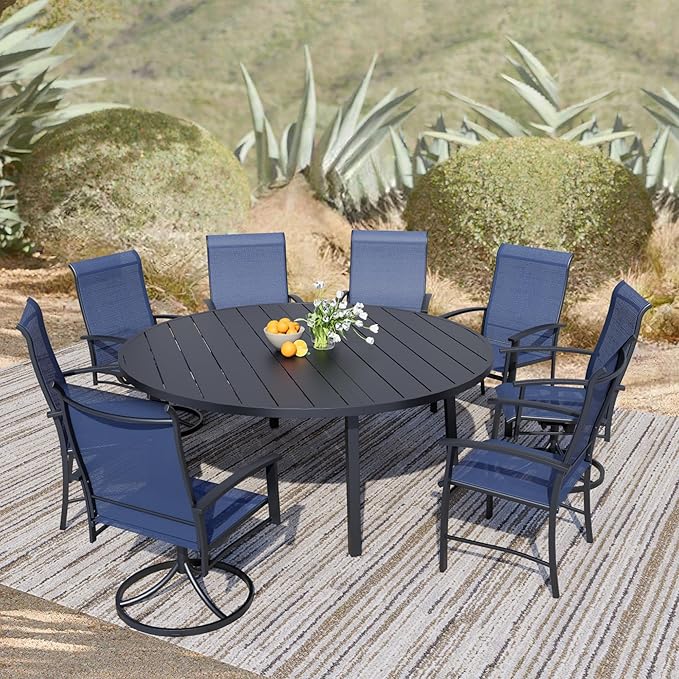 9 Piece Outdoor Dining Set, 60" Black Round Outdoor Dining Table with 4 Blue Swivel Outdoor Dining Chairs and 4 Fixed Patio Table and Chair Set of 8 for Lawn, Garden, or Porch