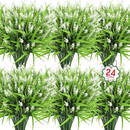 Ouddy Decor 24 Bundles Artificial Flowers for Outdoors, Fake Lavender Flowers Monkey Grass Faux Plastic Plants Shrubs UV Resistant for Porch Garden Window Box Office Home Decorations, White