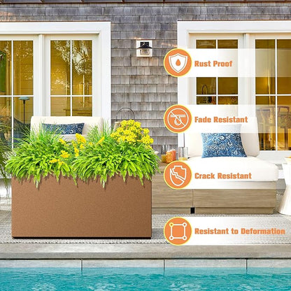 Rectangle Planter for Indoor & Outdoor, Tall and Long Planter Boxes with Drainage Holes, Mental Planter Box All-Weather Use for Plants, Flowers, 32" L x 10" W x 16.3" H, Brown