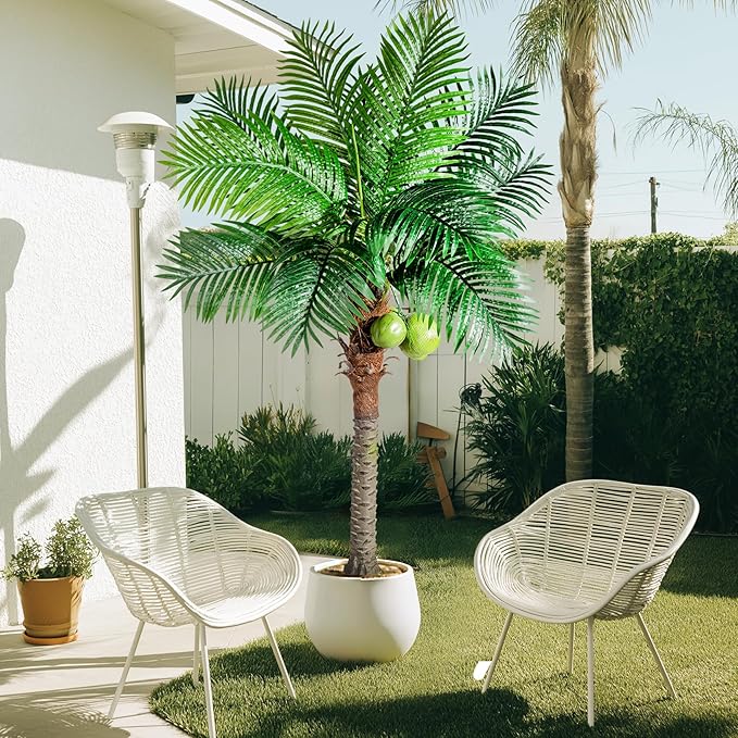 Artificial Phoenix Palm Tree 6ft Tall - Fake Large Tropical Tree with Adjustable Leaves, Realistic Faux Sago Palm for Indoor Outdoor Decor, Patio, Poolside, Yard, Living Room, Office