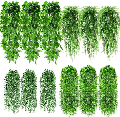 12 Pcs Artificial Hanging Plants Fake Hanging Ferns Plastic Faux Plants for Wall Room Garden Garland Indoor Outdoor Decor No Basket (Boston,Eucalyptus,Ivy Vine,String of Pearls)