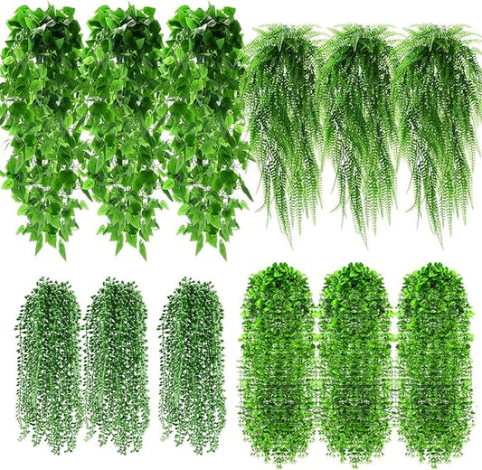 12 Pcs Artificial Hanging Plants Fake Hanging Ferns Plastic Faux Plants for Wall Room Garden Garland Indoor Outdoor Decor No Basket (Boston,Eucalyptus,Ivy Vine,String of Pearls)
