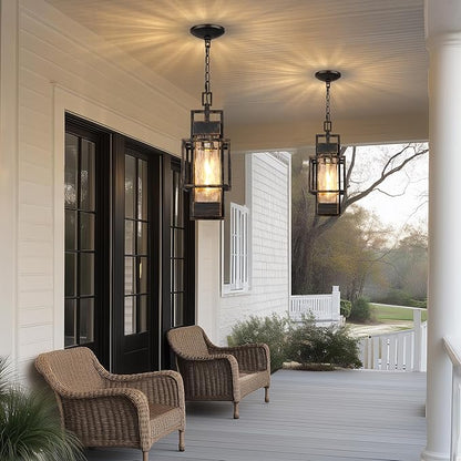 15" Outdoor Indoor Pendant Light Exterior Hanging Lantern, Modern Black Metal Outside Chandelier Light Fixture Ceiling Mount with Water Glass for Front Porch Entrance Foyer Entryway, Black Brush Gold