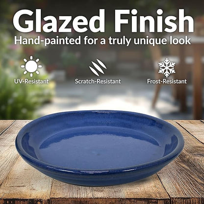 Sunnydaze 9-Inch Ceramic Plant Saucers - Plant Drip Trays for Outdoor Planter Flowerpot Drainage - Set of 4 - Imperial Blue
