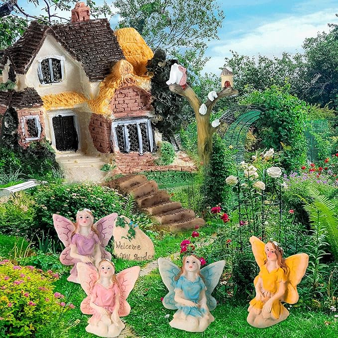 Gejoy 31 Pieces Fairy Garden Accessories Kit Miniatures House Supplies Fly Wing Dollhouse Gifts for Home Garden Lawn Decoration, House Style Random