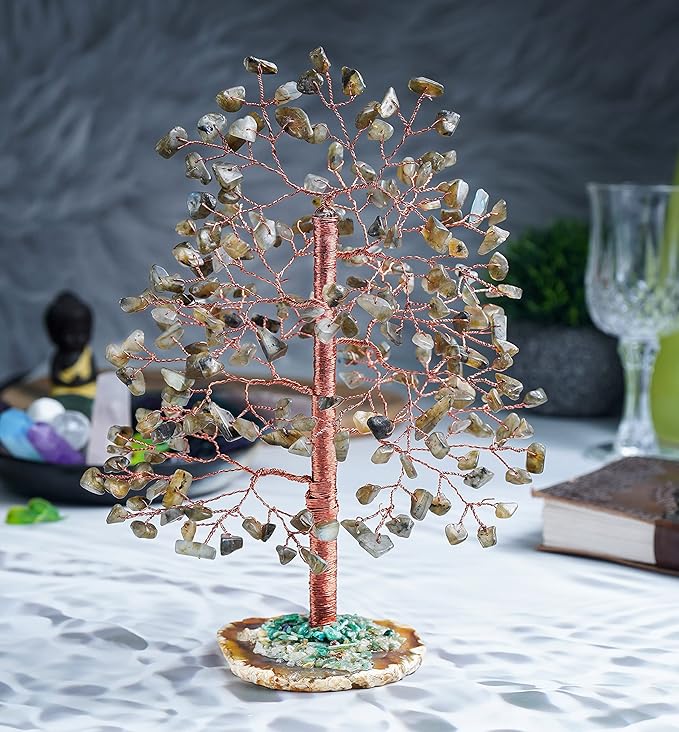 Labradorite Crystal Tree of Life - Handmade Gemstone With Geode Agate Slice Base, Chakra and Feng Shui Decor, Money Tree, Spiritual Gift, Artificial Healing Crystal