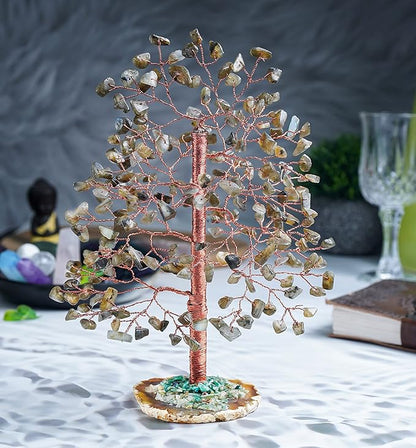 Labradorite Crystal Tree of Life - Handmade Gemstone With Geode Agate Slice Base, Chakra and Feng Shui Decor, Money Tree, Spiritual Gift, Artificial Healing Crystal