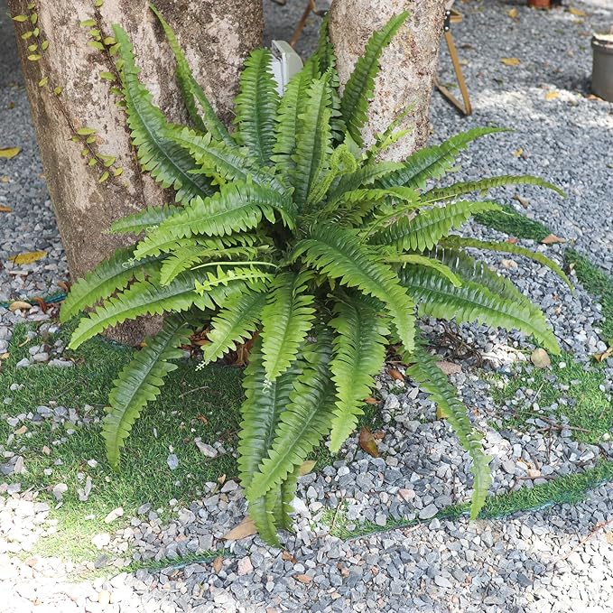 Artificial Ferns for Outdoors & Indoors, 45in Large Fake Ferns Plants with 55 Fronds & Fiddlehead - 2 Stems Looks Real Faux Fern Greenery for Porch Garden Home Office Decor