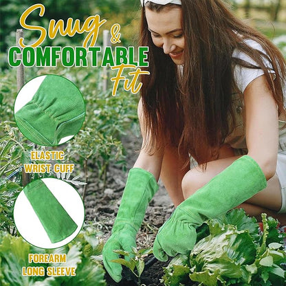 HANDLANDY Leather Gardening Gloves, Thorn Proof Long Gauntlet Heavy Duty Garden Gloves, Elbow Length Rose Pruning Weeding Yard Glove (Large, Green)