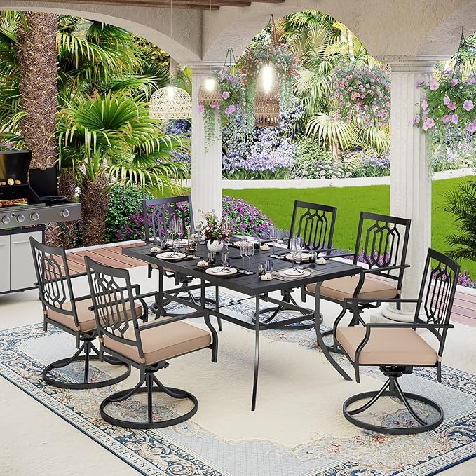 MFSTUDIO Metal Patio Dining Sets for 6, Outdoor Furniture Set with 6 Swivel Armrest Chairs with Cushion and 1 Metal Steel Slat Dining Rectangle Table