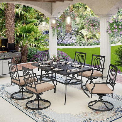 MFSTUDIO Metal Patio Dining Sets for 6, Outdoor Furniture Set with 6 Swivel Armrest Chairs with Cushion and 1 Metal Steel Slat Dining Rectangle Table