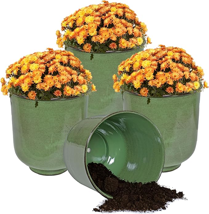 Sunnydaze Vivian 11" Metal Outdoor Plant Pot Set with Drainage Holes and Rubber Plugs - Jade Glaze - Set of 4