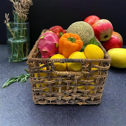Handwoven Abaca Wicker Basket Set of 3 – 12x10x8 Open Weave Storage Baskets, Natural Woven Bins for Pantry, Bookshelf & Closet Organization, Sustainable Decorative Rattan Design