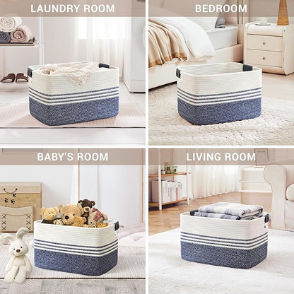 72L Large Laundry Basket with Leather Handles for Living Room Storage, Woven Rope Baskets Bin for Blanket, Kids Toy, Gifts, Wicker Hamper for Bedroom Dirty Clothes, 22"x17"x12" Denim Blue