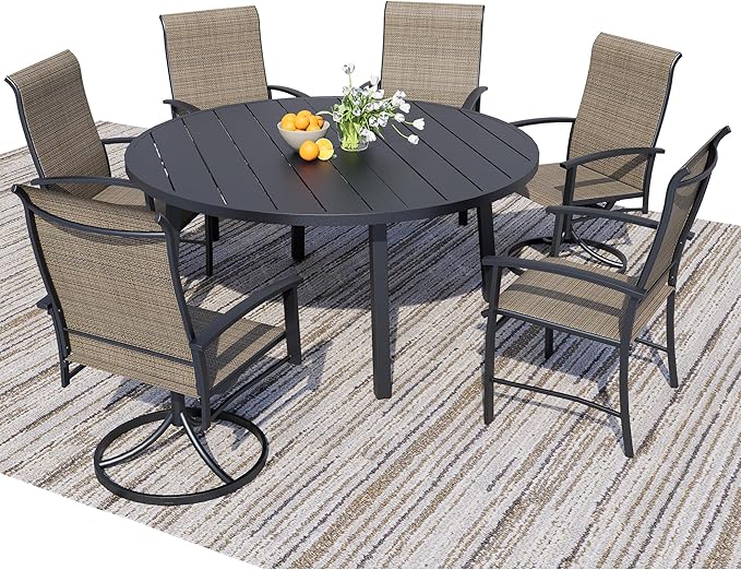 7 Piece Outdoor Dining Set, 47" Black Round Outdoor Dining Table with 2 Mocha Swivel Outdoor Dining Chairs and 4 Fixed Patio Table and Chair Set of 6 for Lawn, Garden, or Porch