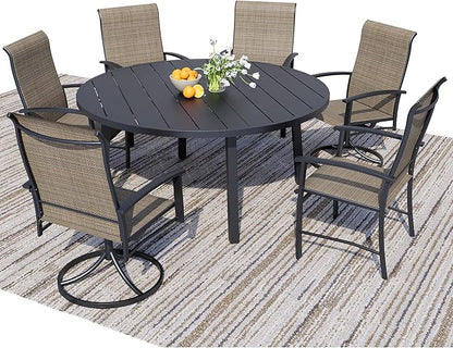 7 Piece Outdoor Dining Set, 47" Black Round Outdoor Dining Table with 2 Mocha Swivel Outdoor Dining Chairs and 4 Fixed Patio Table and Chair Set of 6 for Lawn, Garden, or Porch