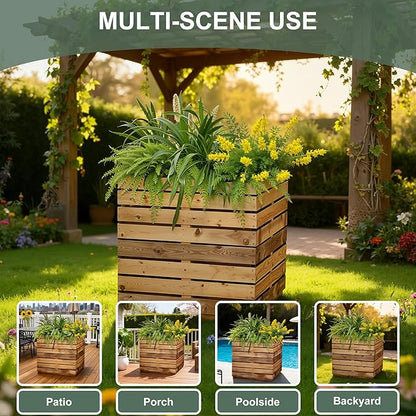 Metal Planter Box for Outdoor Plants, Black Rectangular Planters for Porch with Drainage Holes, All-Weather Use, Rust-Resistance (17" L x 17" W x 18" H, Walnut Wood Grain)
